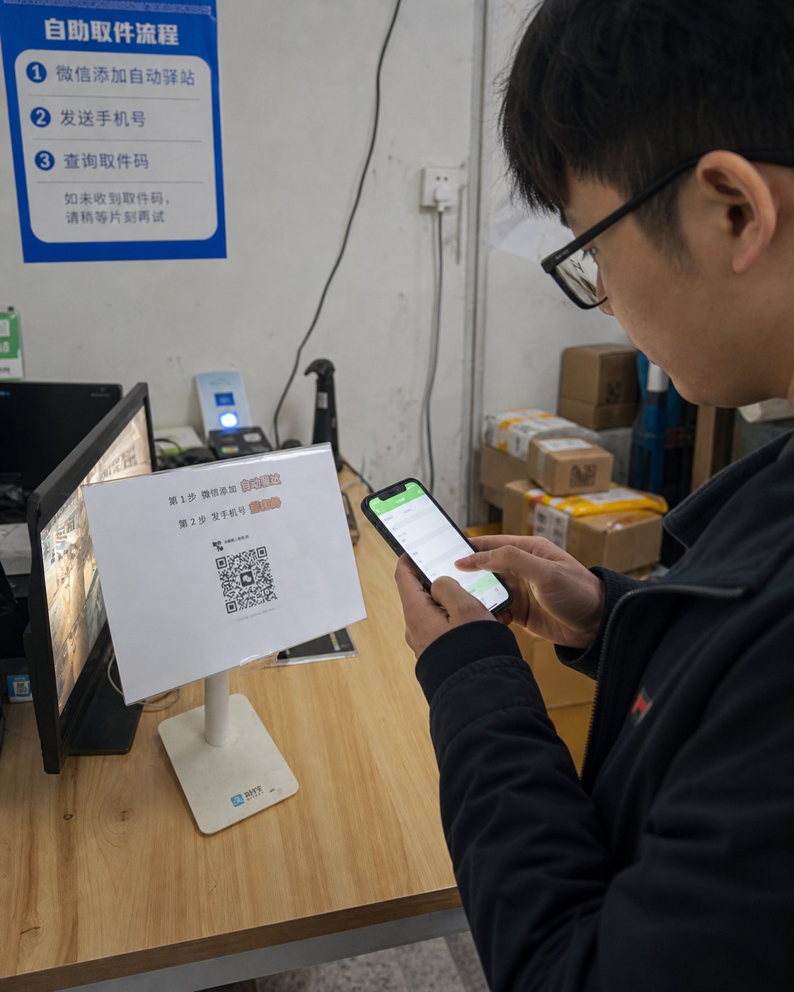 顾客在快递驿站室内使用微信查看取件码