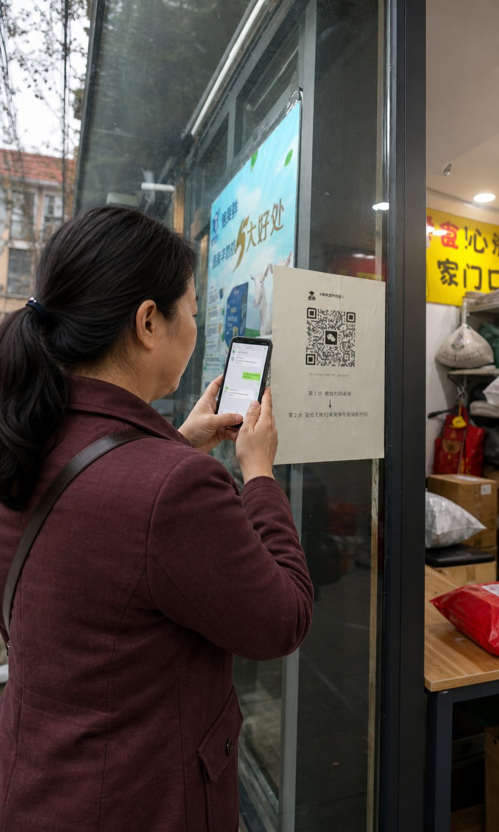 顾客在快递驿站门口扫码添加微信查询取件码