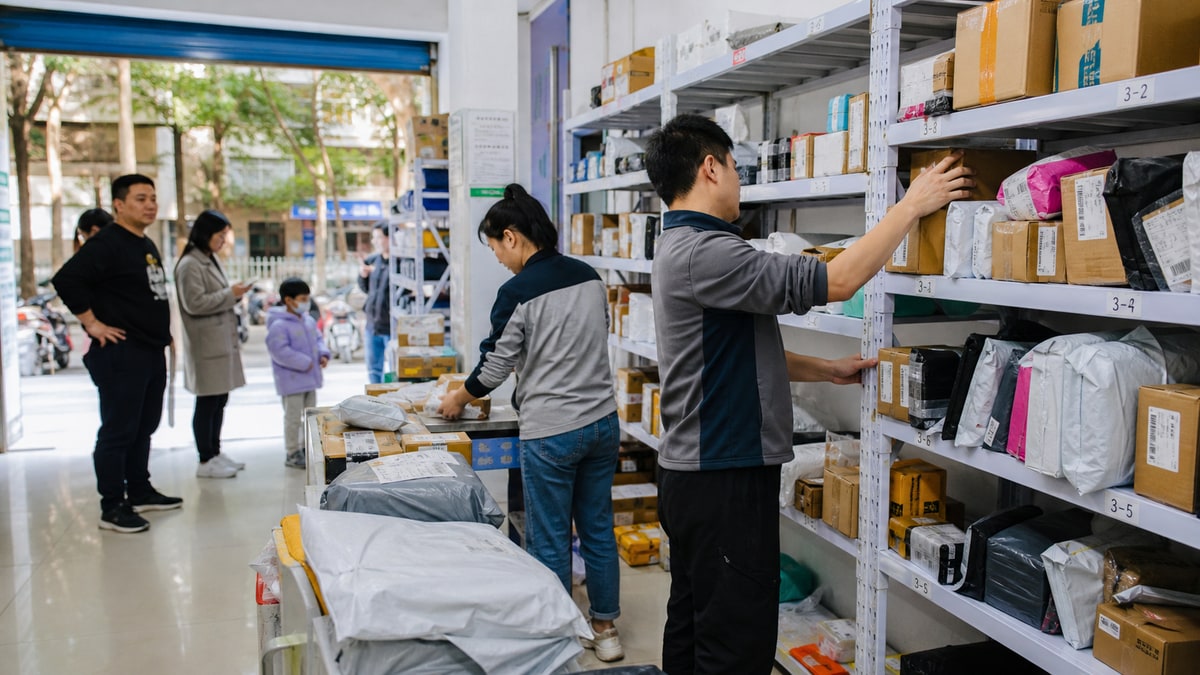 快递驿站工作人员分区完成入库和货架整理